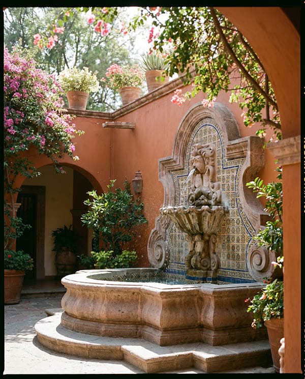 A traditional San Miguel de Allende courtyard with a fountain and bougainvillea